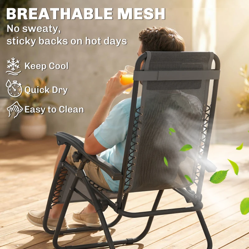 Outsunny 3pcs Folding Zero Gravity Chairs Sun Lounger Table Set w/ Cup Holders Reclining Garden Yard Pool, Dark Grey