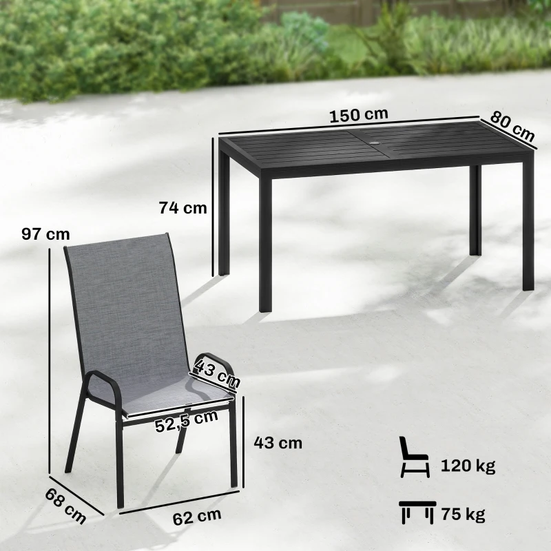 Outsunny Conjunto de Mesa y Sillas Jardín con Mesa Metálica con Agujero y 6 Sillas Apilables Transpirables para Terraza Gris