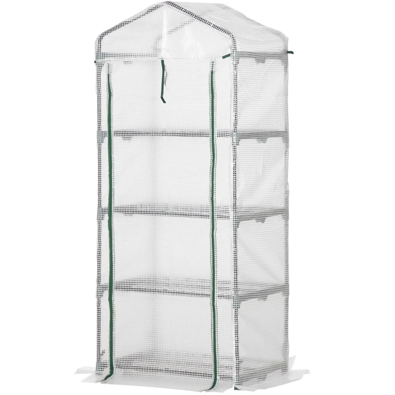 Outsunny 4 Tier Mini Greenhouse, Portable Small Green House with Roll-up Door, PE Cover, 70 x 50 x 160 cm, White