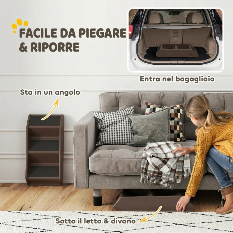 PawHut Scaletta per Cani e Gatti con 3 Scalini Antiscivolo per Letti Alti e Divani, 50x30.5x36.5 cm, Marrone