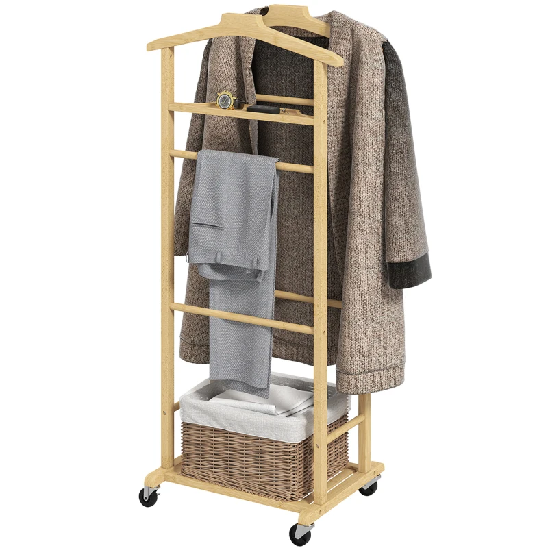 HOMCOM Galán de Noche de Bambú con Ruedas Colgadores Barras para Pantalones Bandeja y Zapatero 47x33,7x105,5 cm Natural