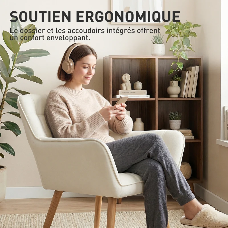 HOMCOM Fauteuil style scandinave dossier haut et accoudoirs, revêtement en polyester effet velours, 67 x 61,5 x 71 cm, crème
