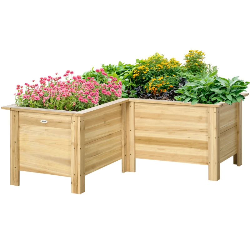 Outsunny Jardinera Elevada de Madera Macetero Exterior en Forma de L con Tela no Tejido Huerto Urbano 120x120x50 cm Natural