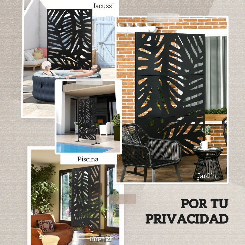 Outsunny Biombo de 3 Painéis 122x198 cm Biombo Separador de Ambientes com Suporte Design de Folhas Preto
