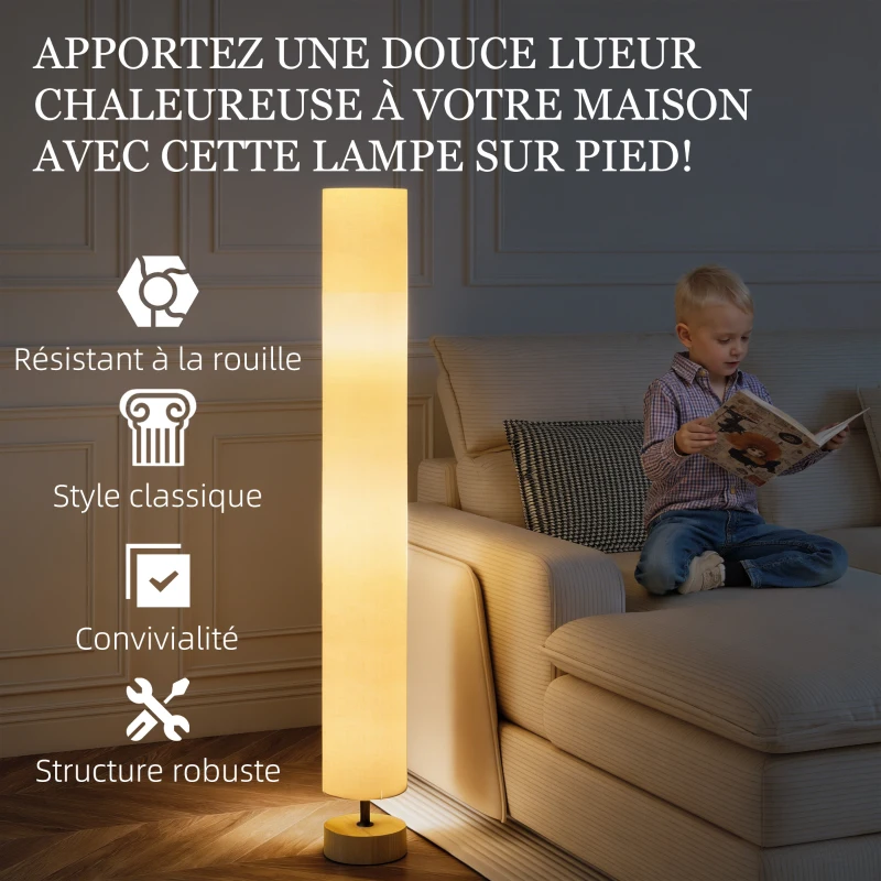 HOMCOM Lampadaire sur pied de salon avec abat-jour en lin, interrupteur à pied, 2 x douille E27, 120 cm, beige