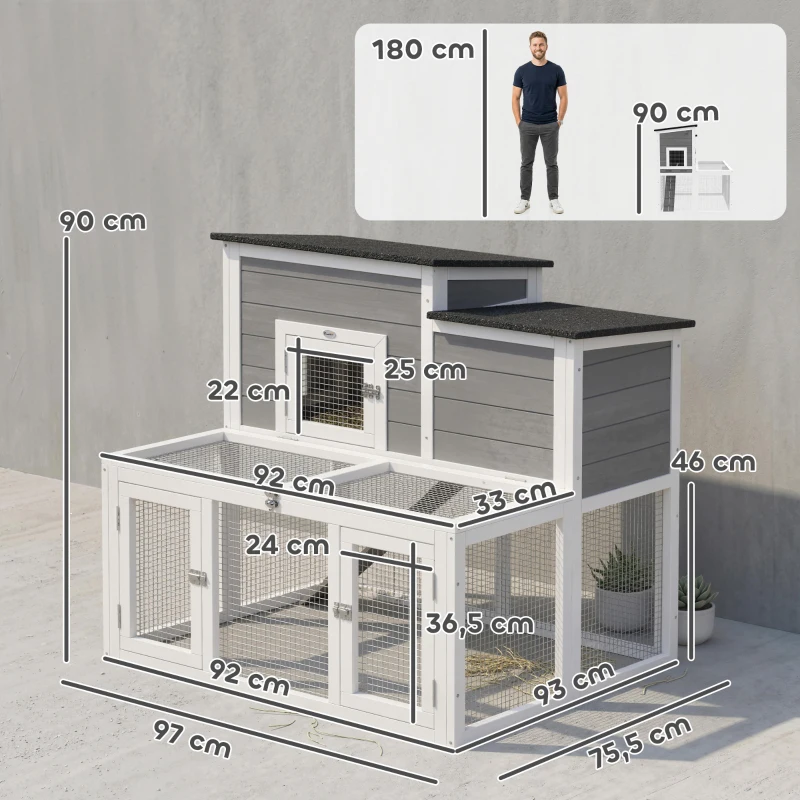 PawHut Conejera exterior de madera Jaula para conejos interior Tejado doble abatible impermeable 2 niveles con recinto Gris