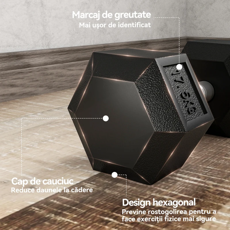 HOMCOM Set de două greutăți hexagonale, din oțel, cauciuc, 16.2 x 16.2 x 34.6 cm, Negru