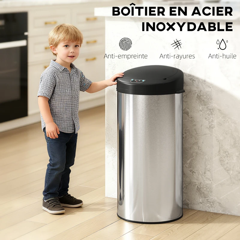 HOMCOM Poubelle de cuisine automatique 30 L en acier inoxydable, couvercle à fermeture en douceur, 32 x 30 x 68 cm, argent
