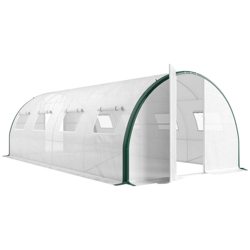 Outsunny Serre tunnel de jardin 18m², serre de jardin tunnel avec portes et 8 fenêtres, bâche PE 140g/m² 600 x 300 x 200 cm blanc