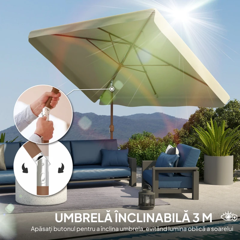 Outsunny Umbrelă de Grădină Dreptunghiulară 2x3 m cu Volănașe și Manivelă, din Metal și Poliester, Bej