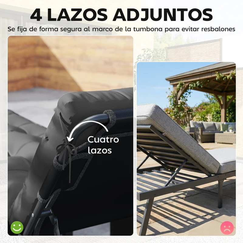 Outsunny Juego de 2 Cojines para Tumbonas 180x55 cm Cojines para Sillas de Jardín Gruesas UPF30+ con 4 Cintas Gris Oscuro