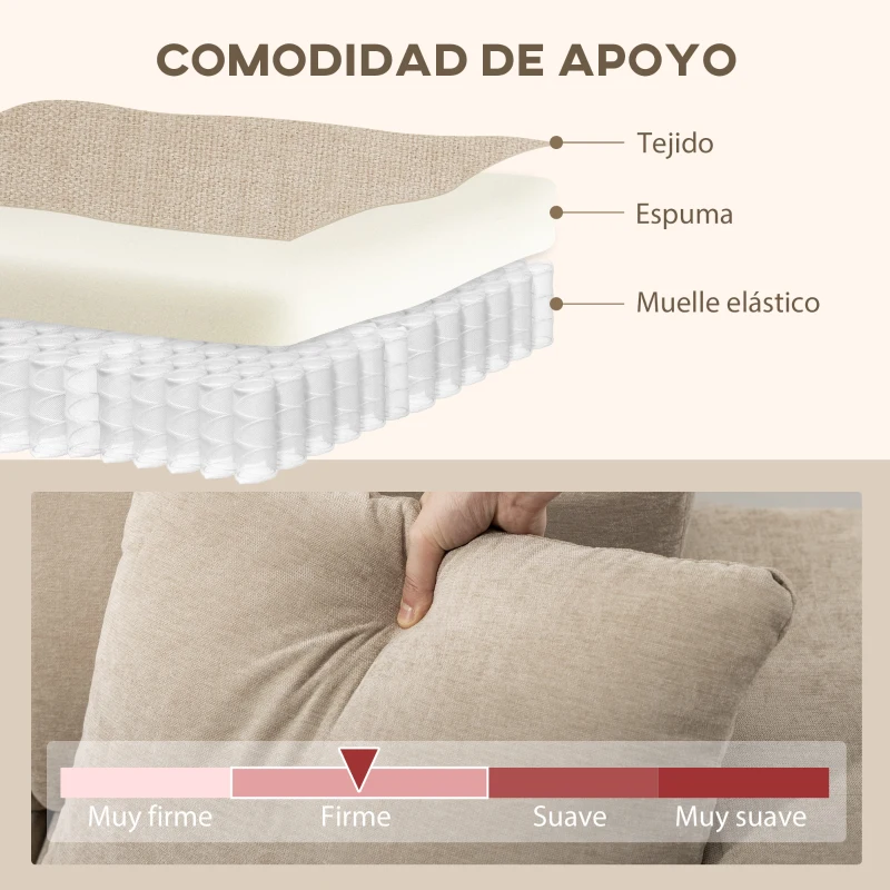 HOMCOM Sofá Chaise Longue Reversible de 3 Plazas 2 Almohadas Tapizado en Lino Marco de Acero 242x156x87 cm Beige