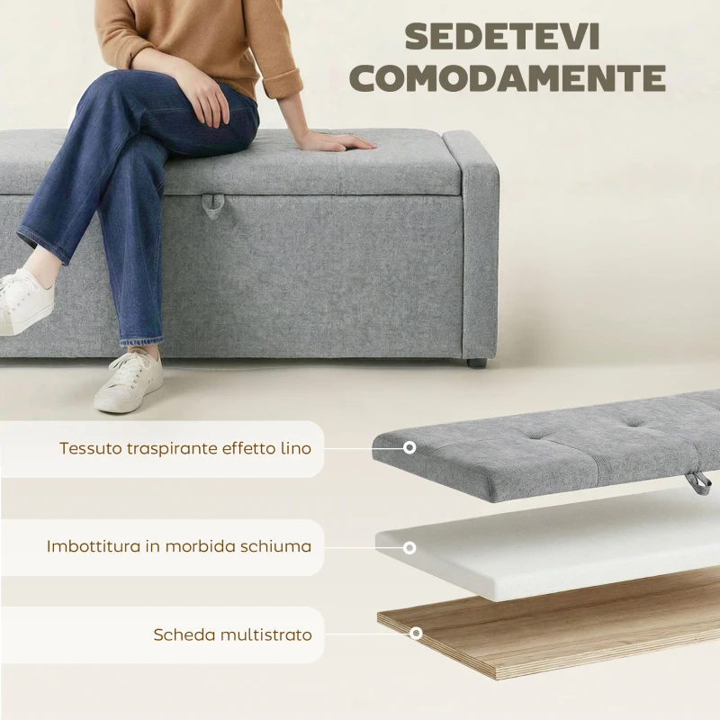 HOMCOM Cassapanca 142L Pouf Contenitore, Seduta Ampia Imbottita, in Lino, Capacità 200 kg, Grigio Chiaro