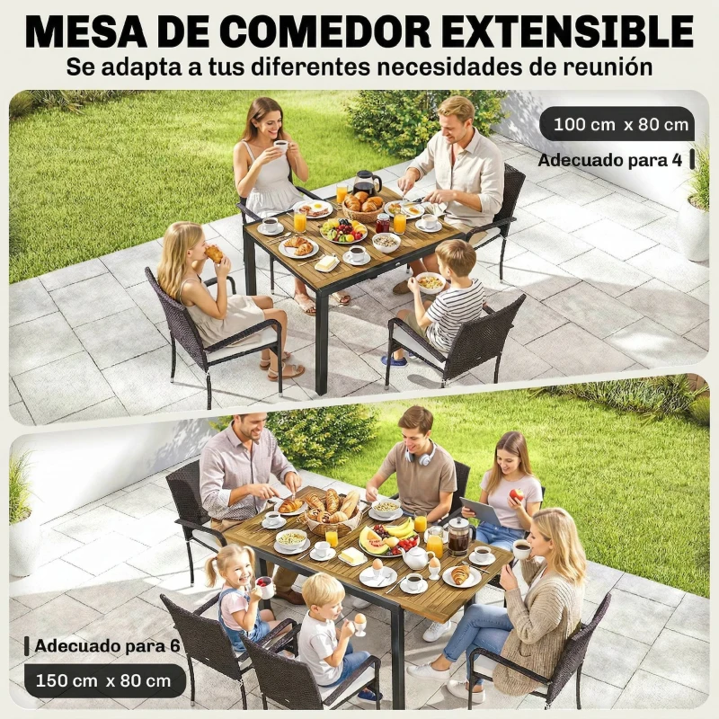 Outsunny Conjunto de Mesa y Sillas Jardín de Ratán 7 Piezas con Mesa Extensible con Tablero Madera y 6 Sillas Apilables Cojines