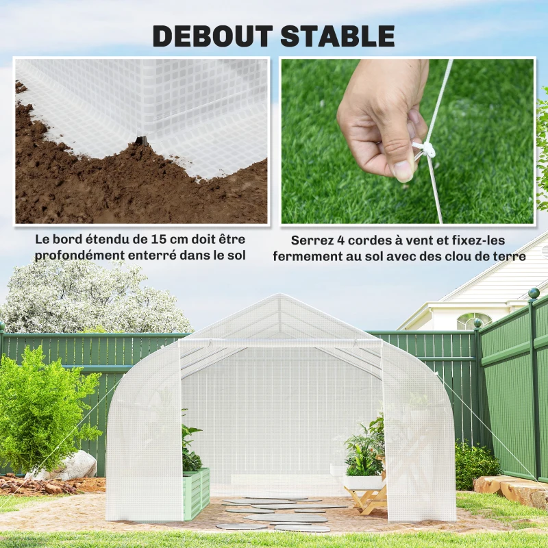 Outsunny Serre Tunnel de Jardin 13,35 m² dim. 4,5L x 3l x 2H m Porte + 6 fenêtres enroulables Acier galvanisé bâche PE Haute densité Blanc