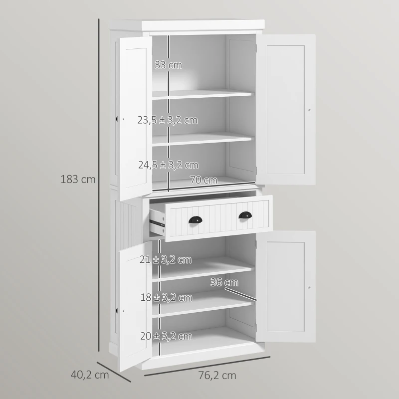 HOMCOM Armoire de cuisine buffet cuisine multi-rangements étagères réglables 4 portes grand tiroir 76,2 x 40,2 x 183 cm blanc