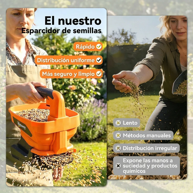 Outsunny Esparcidor Portátil 3,3 L 8 Niveles de Flujo Ancho Dispersión Ajustable Puerto USB para Césped Sal hasta 800 m² Naranja