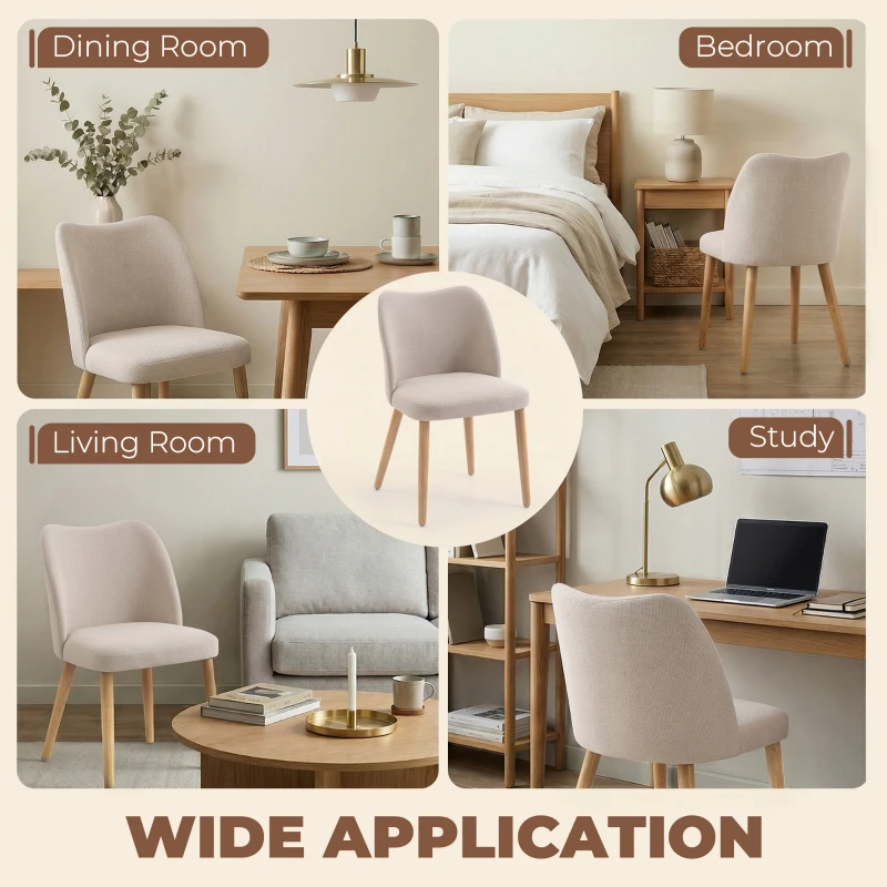 HOMCOM Set de 2 Scaune de Masă Moderne, Scaune de Bucătărie cu Tapițerie din In, Șezut Imbătut, Spătar Curbat, Picioare din Lemn de Cauciuc, Ușor de Asamblat, Alb Crem