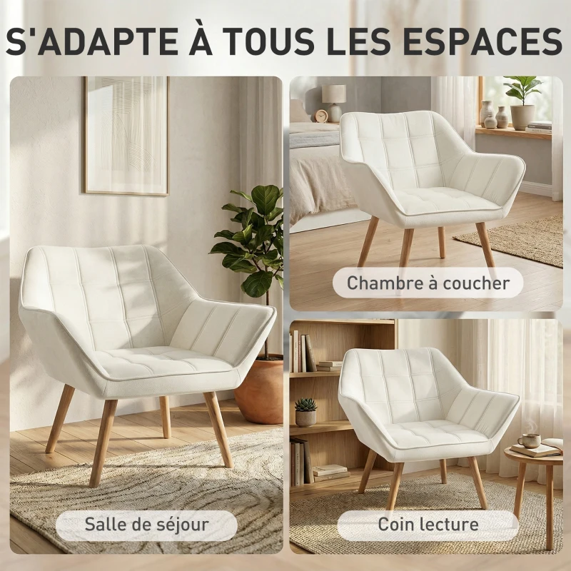HOMCOM Fauteuil style scandinave dossier haut et accoudoirs, revêtement en polyester effet velours, 67 x 61,5 x 71 cm, crème