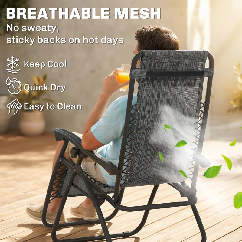 Outsunny 3pcs Folding Zero Gravity Chairs Sun Lounger Table Set w/ Cup Holders Reclining Garden Yard Pool, Light Grey