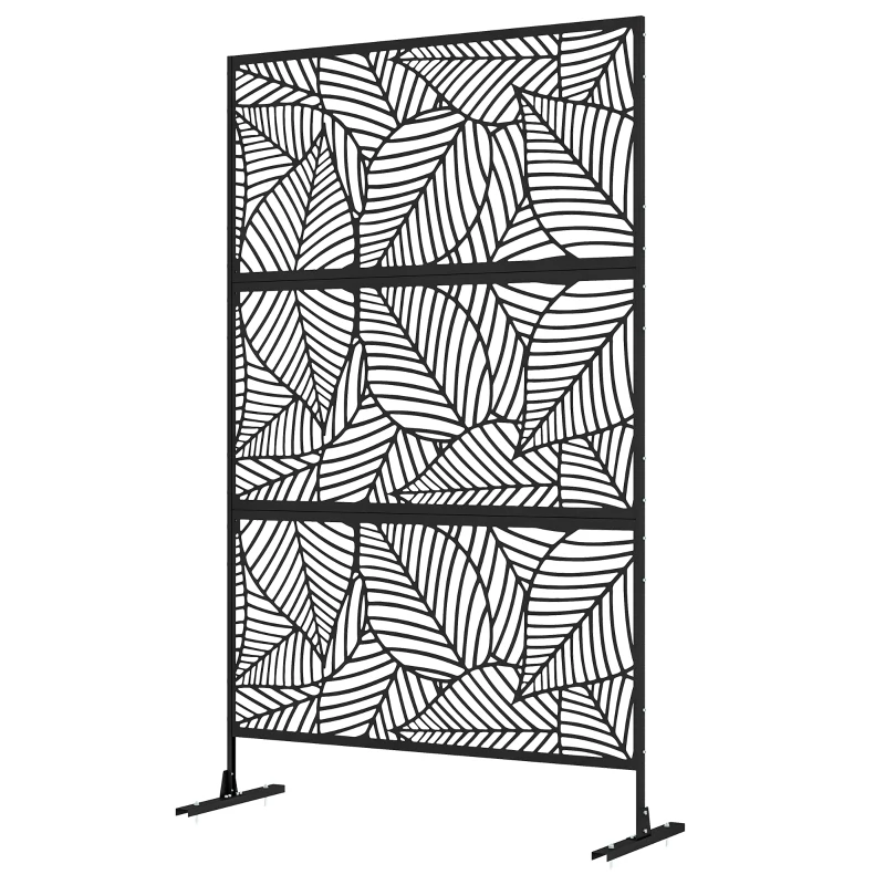 Outsunny Biombo de 3 Painéis 122x198 cm Biombo Separador de Ambientes com Suporte Design de Folhas Grandes Preto