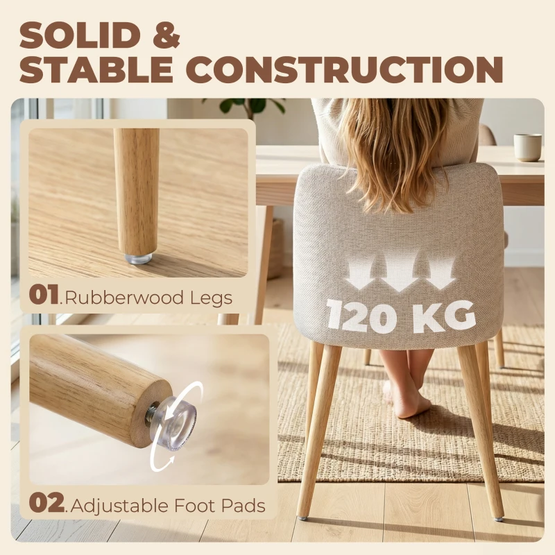 HOMCOM Set de 2 Scaune de Masă Moderne, Scaune de Bucătărie cu Tapițerie din In, Șezut Imbătut, Spătar Curbat, Picioare din Lemn de Cauciuc, Ușor de Asamblat, Alb Crem