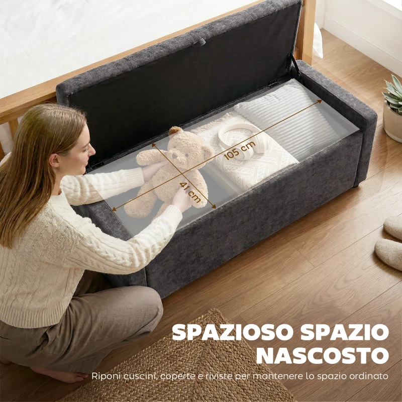 HOMCOM Cassapanca 142L Pouf Contenitore, Seduta Ampia Imbottita, in Lino, Capacità 200 kg, Grigio Scuro