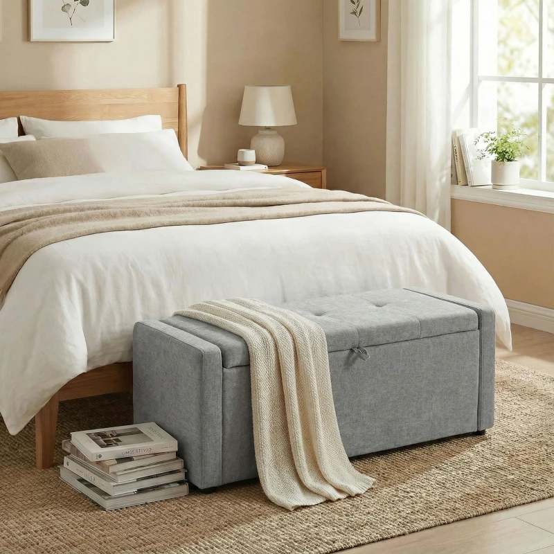 HOMCOM Cassapanca 142L Pouf Contenitore, Seduta Ampia Imbottita, in Lino, Capacità 200 kg, Grigio Chiaro