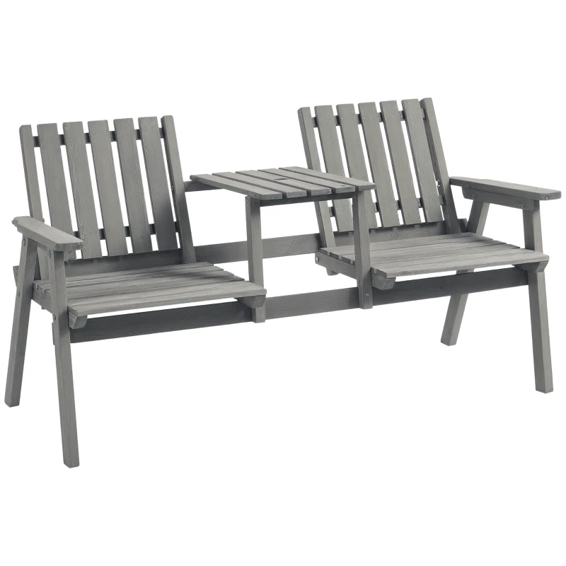 Outsunny 2-Seater Wooden Garden Furniture Bench - Antique Loveseat Chair and Table Conversation Set for Yard, Lawn, Porch, Patio, Grey