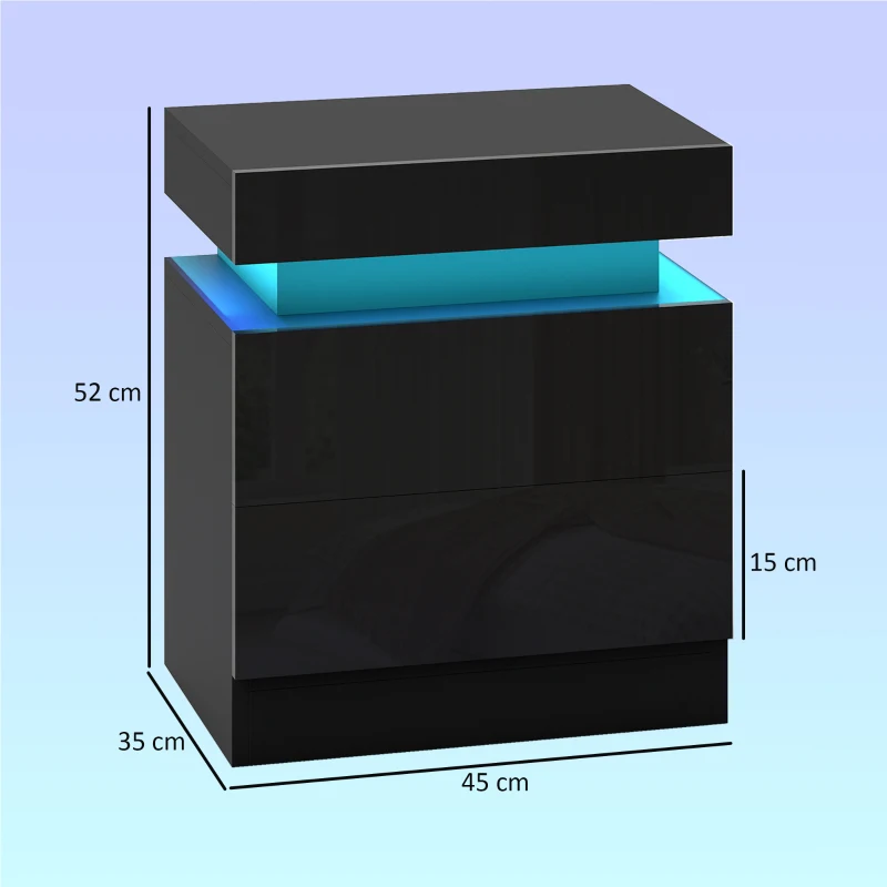 HOMCOM Black Bedside Table with LED Light, High Gloss Front Nightstand with 2 Drawers, for Living Room, Bedroom, Set of 2