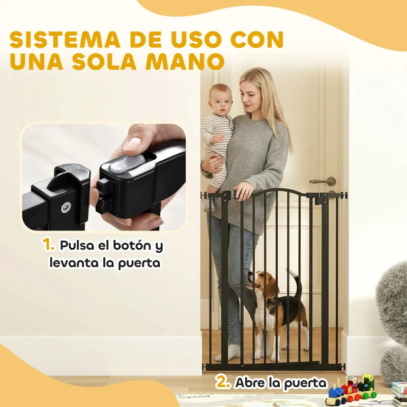 PawHut Barrera de Seguridad para Perros 74-80 cm con 2 Extensiones Montaje a Presión Doble Bloqueo para Puerta Escalera Negro