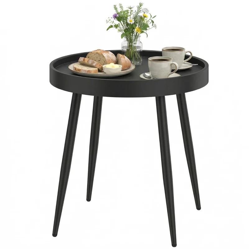 Outsunny 49.5 cm Round Garden Table, Small Outdoor Coffee Side Table with Plastic Tray-Style Top, Metal Legs, Black
