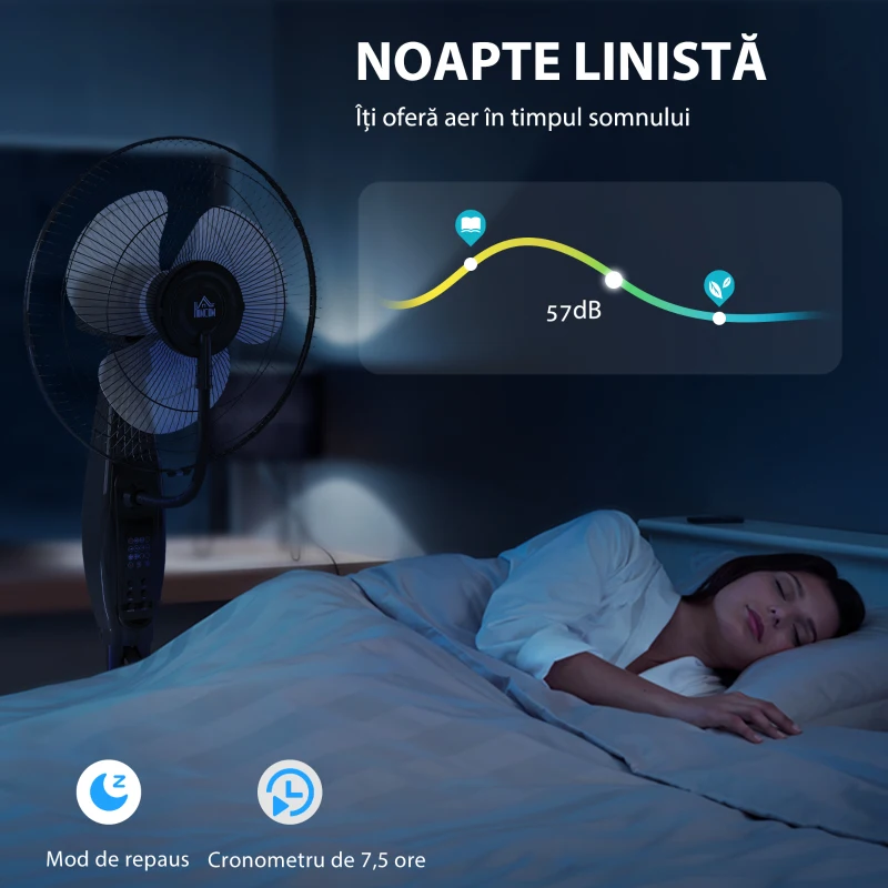 HOMCOM, Ventilator cu nebulizator, 3 Moduri și 3 Viteze, Metal, ABS, 44.5 x 38.5 x 120 cm, Negru