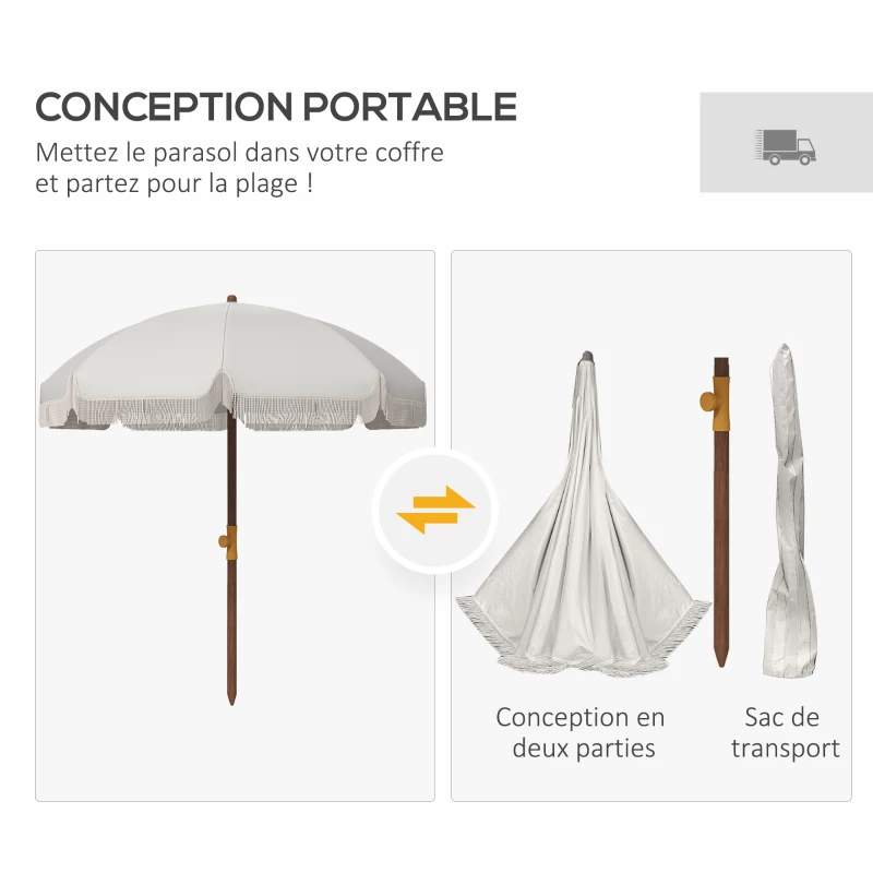 Outsunny Parasol de plage parasol d'extérieur rond parasol à frange protection UV 40 + avec 8 baleines gris clair