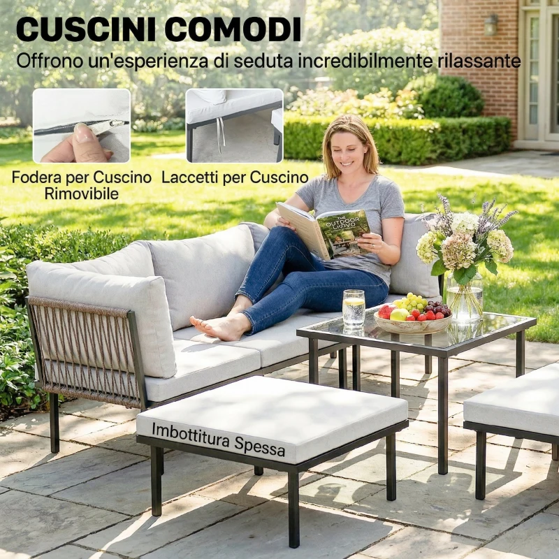 Outsunny Set Mobili Giardino Metallo 6 Persone, Divano Angolare Cuscini, Grigio Chiaro