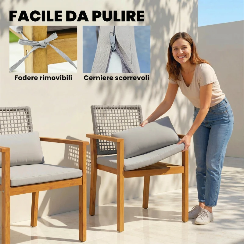 Outsunny Set 2 Sedie da Giardino in Legno di Acacia con Cuscini, Legno Naturale