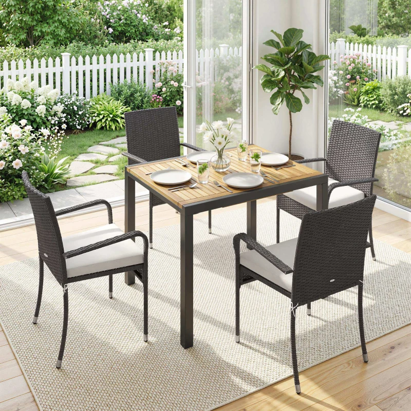 Outsunny Conjunto de Mesa y Sillas Jardín de Ratán 7 Piezas con Mesa Extensible con Tablero Madera y 6 Sillas Apilables Cojines