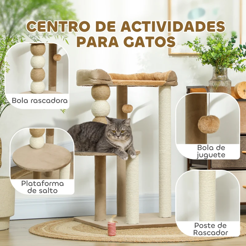 PawHut Árbol Rascador para Gatos con Plataforma Torre Escalador para Gatos con Plataforma Cama Postes Bolas 56x54x86 cm Marrón