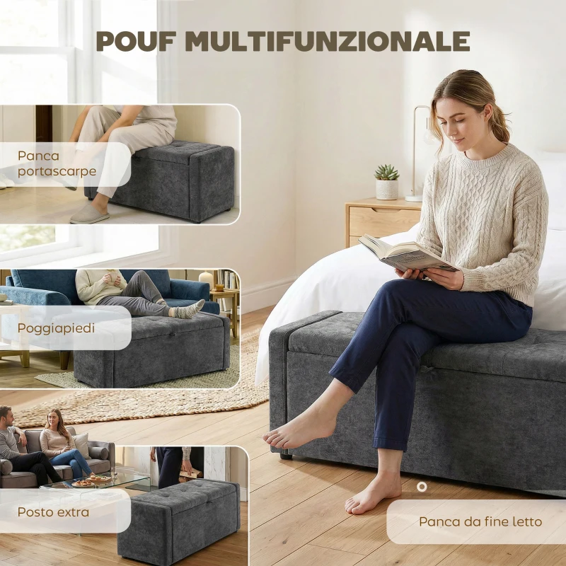 HOMCOM Cassapanca 142L Pouf Contenitore, Seduta Ampia Imbottita, in Lino, Capacità 200 kg, Grigio Scuro