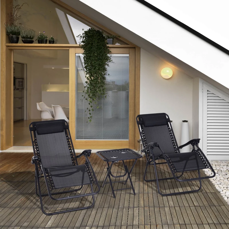Outsunny Folding Zero Gravity Chairs, 3 Pieces Adjustable Sun Lounger and Table Set with Cup Holder and Headrest, Patio Bistro Set with Reclining Garden Chairs for Outdoor, Black