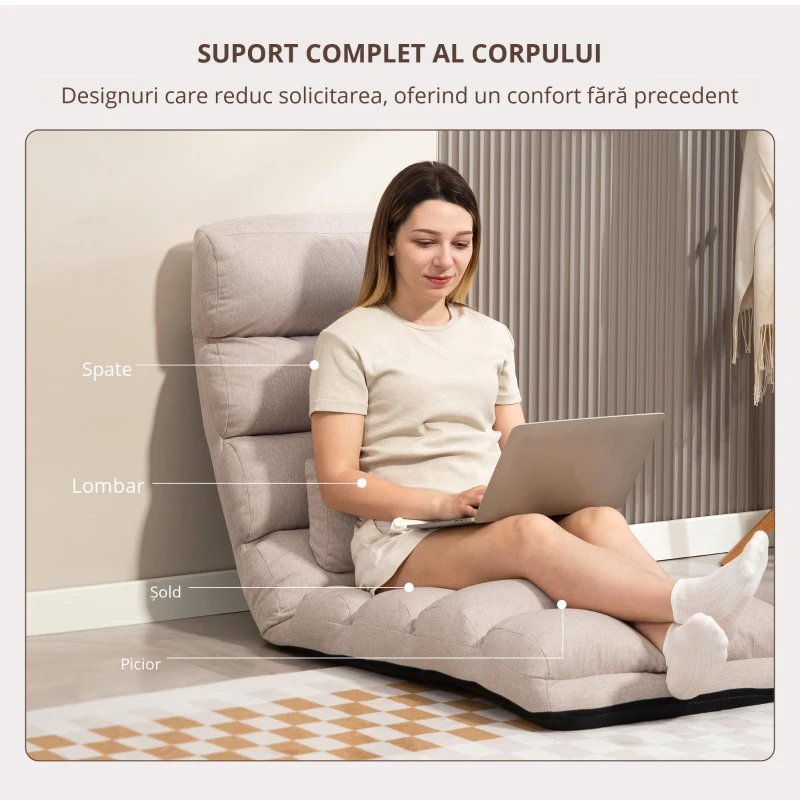 HOMCOM Fotoliu 1 loc convertibil cu spătar și suport de cap reglabile pe 5 poziții, 58x119x78cm, bej