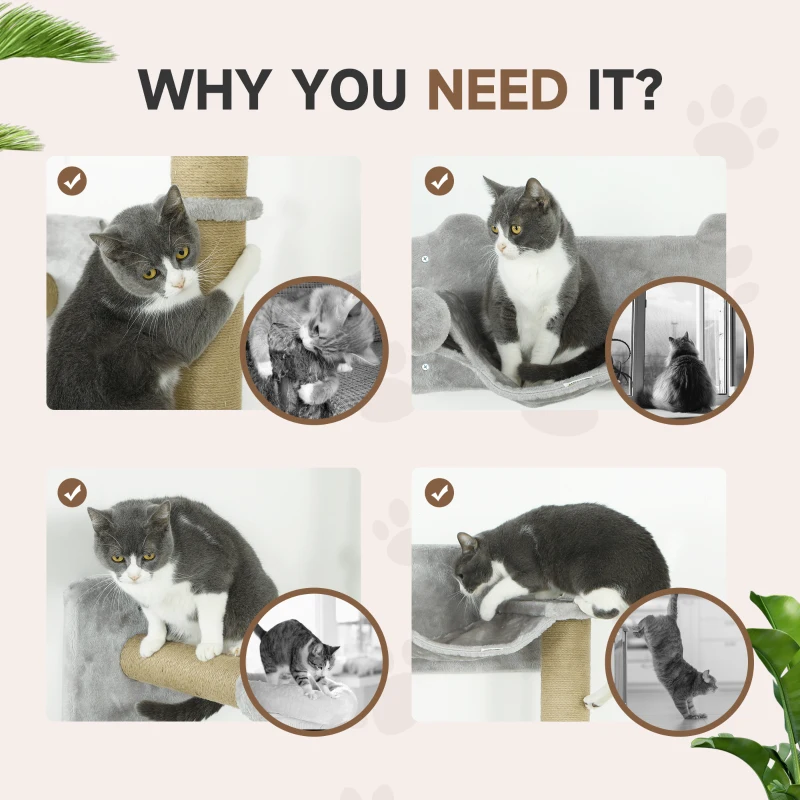 PawHut 5 Piece Cat Shelf Set, Wall Mounted Cat Tree with Scratching Posts & Pad, Cat Bed, Ladder, Steps, Dangling Toy Balls, Jumping Platform, for Indoor Cats, Light Grey