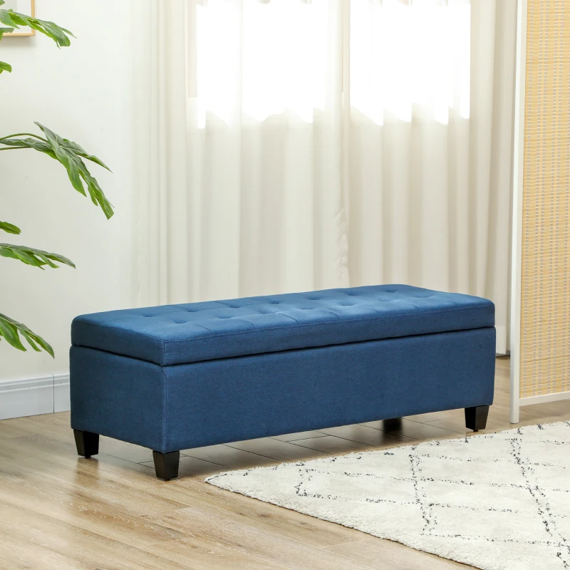 HOMCOM Banc de rangement 94,5L banquette bout de lit en tissu aspect lin et pieds en bois, 125 x 49 x 41,5 cm, bleu