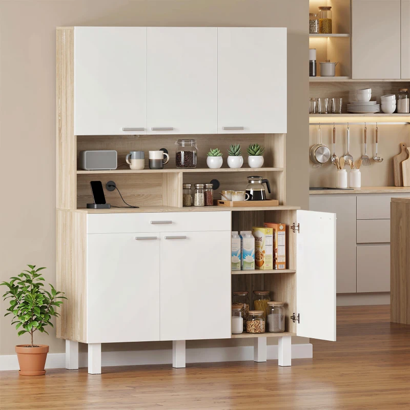 HOMCOM Dulap Înalt de Bucătărie cu 6 Uși și Sertar Mare Rafturi Blat Generos pentru Cuptor cu Microunde 120x40x175 cm Alb