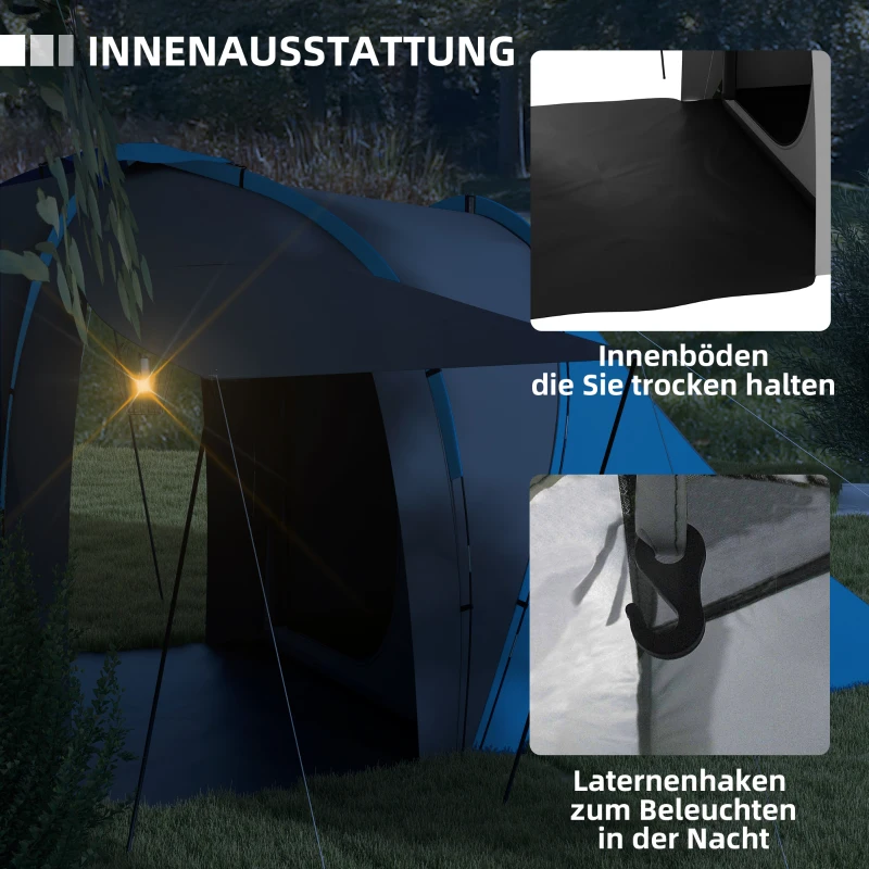 Outsunny Tunnelzelt, 2000mm Wasserabweisend Campingzelt für 4-6 Personen, mit 2 Schlafzimmern Wohnbereich Tragetasche Grau+Blau