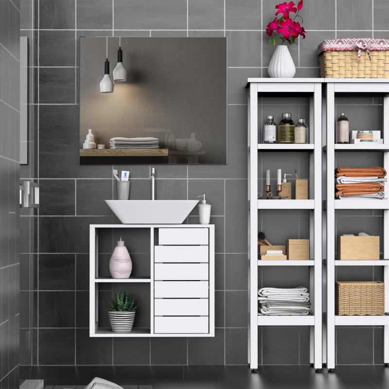 Kleankin Móvel para Lavatório Pousar Suspenso com 2 Prateleiras Abertas e Armário com Prateleira Ajustável 60x30x54 cm Branco