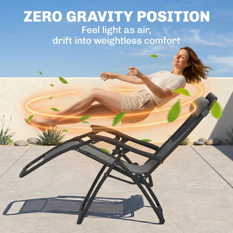 Outsunny 3pcs Folding Zero Gravity Chairs Sun Lounger Table Set w/ Cup Holders Reclining Garden Yard Pool, Light Grey
