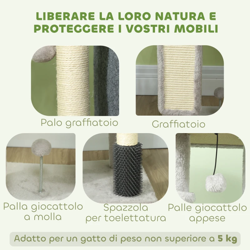 PawHut Albero per Gatti Multilivello Alto 104 cm con Casetta, Lettino, Pali Tiragraffi, Spazzola e Pallina, Grigio