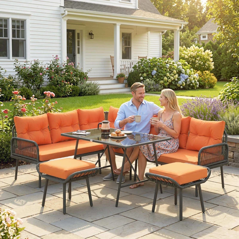 Outsunny 6 Piece Rattan Garden Furniture Set, 8 Seater Garden Corner Sofa with Cushions and Glass Top Table, Orange