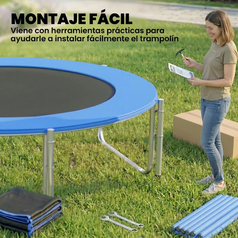 SPORTNOW Cama Elástica Exterior Ø366 cm Trampolín para Niños con Red de Seguridad Escalera y Acolchado de Muelles Azul